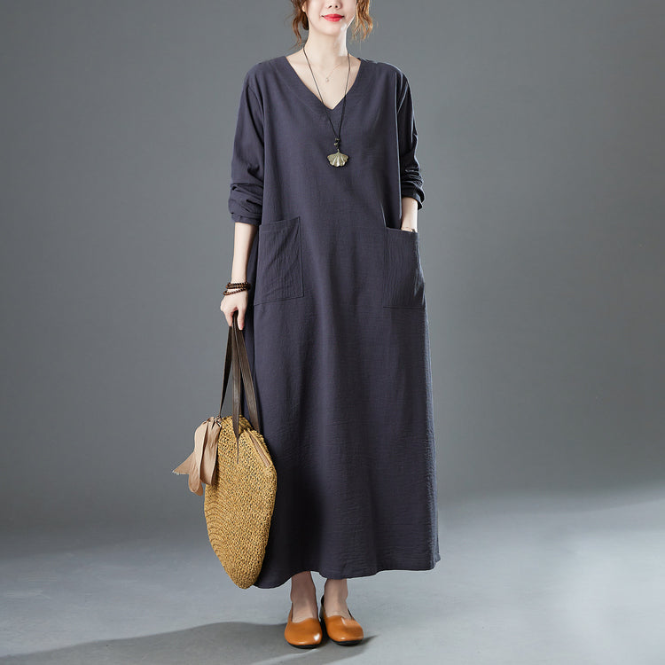 Ladies spring new retro cotton and linen V-neck plus fat to increase  long-sleeved dress robe