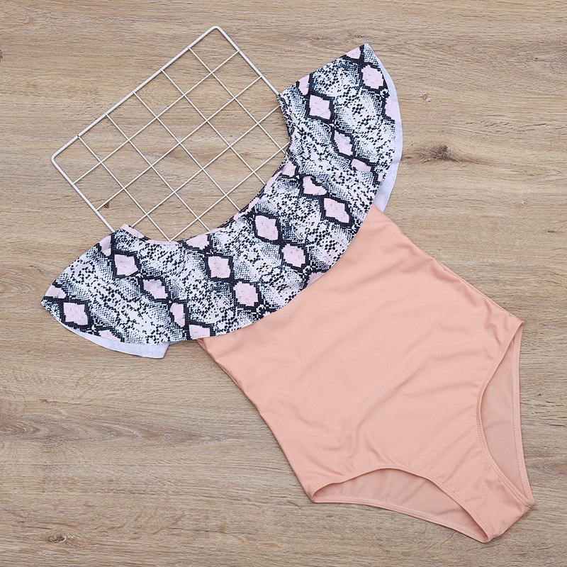 Plus size bikini swimsuit European and American big ruffles one-shoulder  print swimsuit