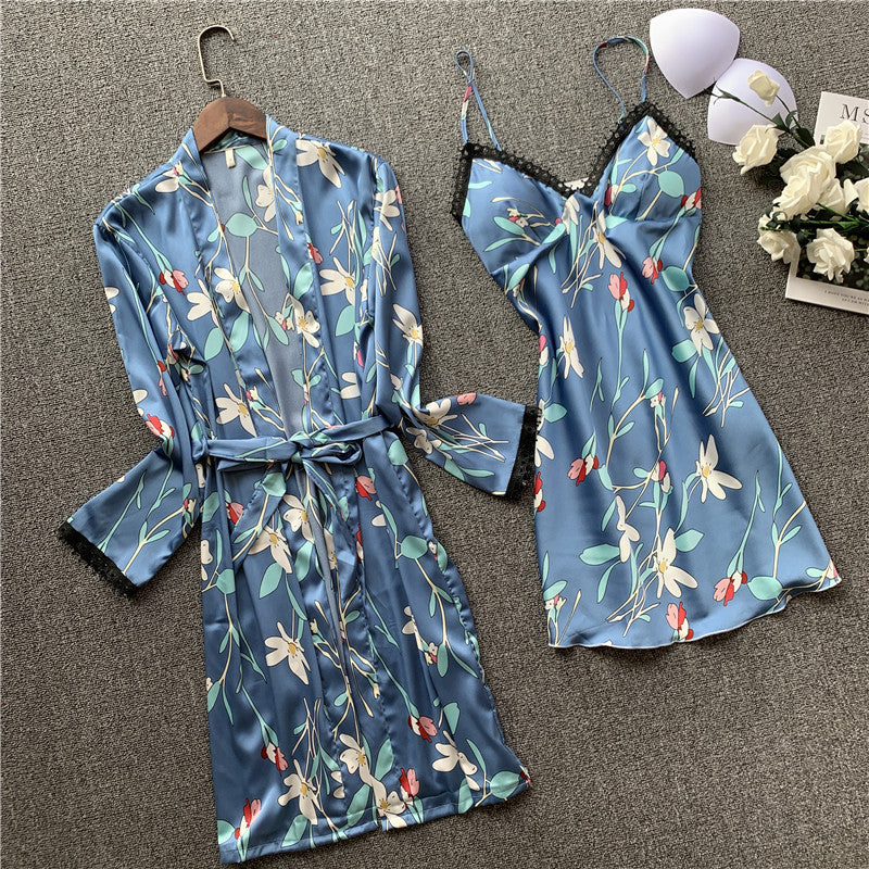 طقم بيجاما ساتان مكون من قطعتين فستان نوم وثوب نوم مثير بيجامة زهري ملابس نوم للنساء ملابس صالة ملابس نوم ملابس نوم مع وسادة صدر