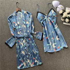 طقم بيجاما ساتان مكون من قطعتين فستان نوم وثوب نوم مثير بيجامة زهري ملابس نوم للنساء ملابس صالة ملابس نوم ملابس نوم مع وسادة صدر