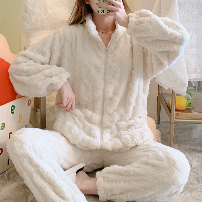 Autumn and winter women's warm solid color  cut velvet plush pajamas homewear set