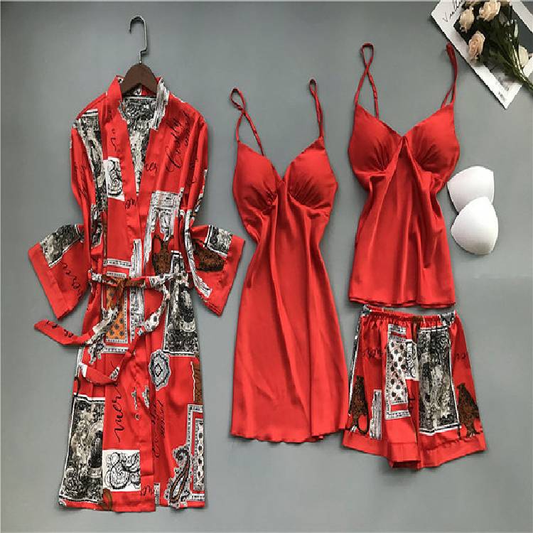 Spring and Autumn Pajamas Women Chest Pad Nightgown Strap Silk Nightdress 4 Pcs Set Tops Long Sleeve Pijama Mujer Sexy Lingerie