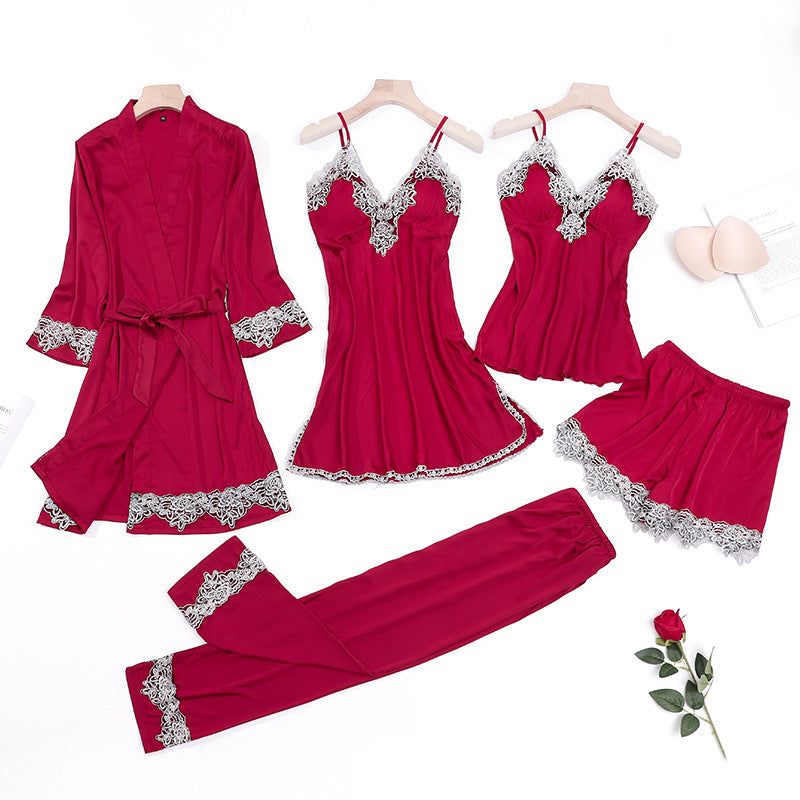 Five-piece pajamas women's summer thin ice silk suspender nightdress nightgown set