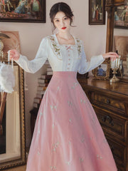 Retro  Dress Women Stitching Pink Elegant Midi Dress Women Korean Fashion One Piece Casual Dress