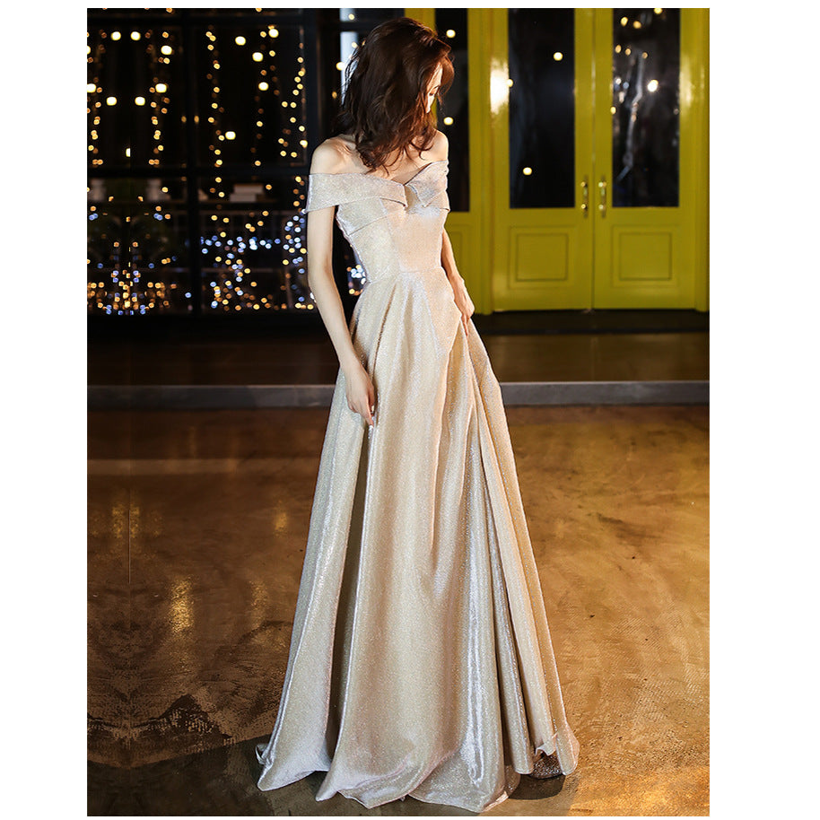 One-shoulder annual meeting evening dress female 2022 new temperament light luxury niche banquet design sense host bridesmaid dress