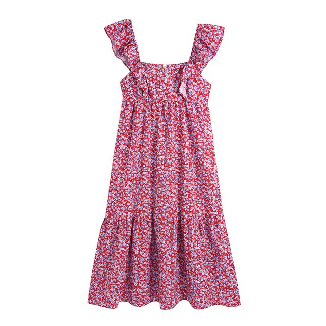 فستان صيفي نسائي بوهو مطبوع عليه زهور بحزام سباغيتي فستان طويل مكشكش فستان صيفي طويل للسيدات بدون أكمام للحفلات 