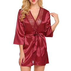 Women Satin Robe Sexy Lingerie Nightgown Underwear Deep V Bathrobes Lace Satin Kimono Nightie Bridal Babydoll Pajamas