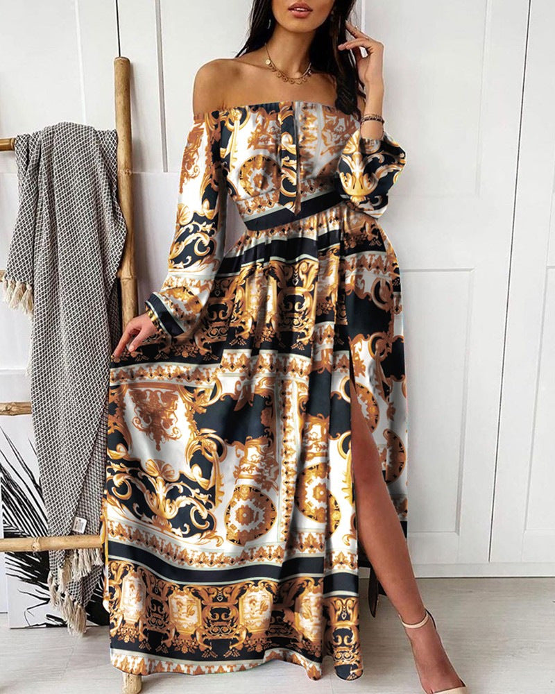 Evening dress European and American print dress V-neck pullover retro long-sleeved large swing dress