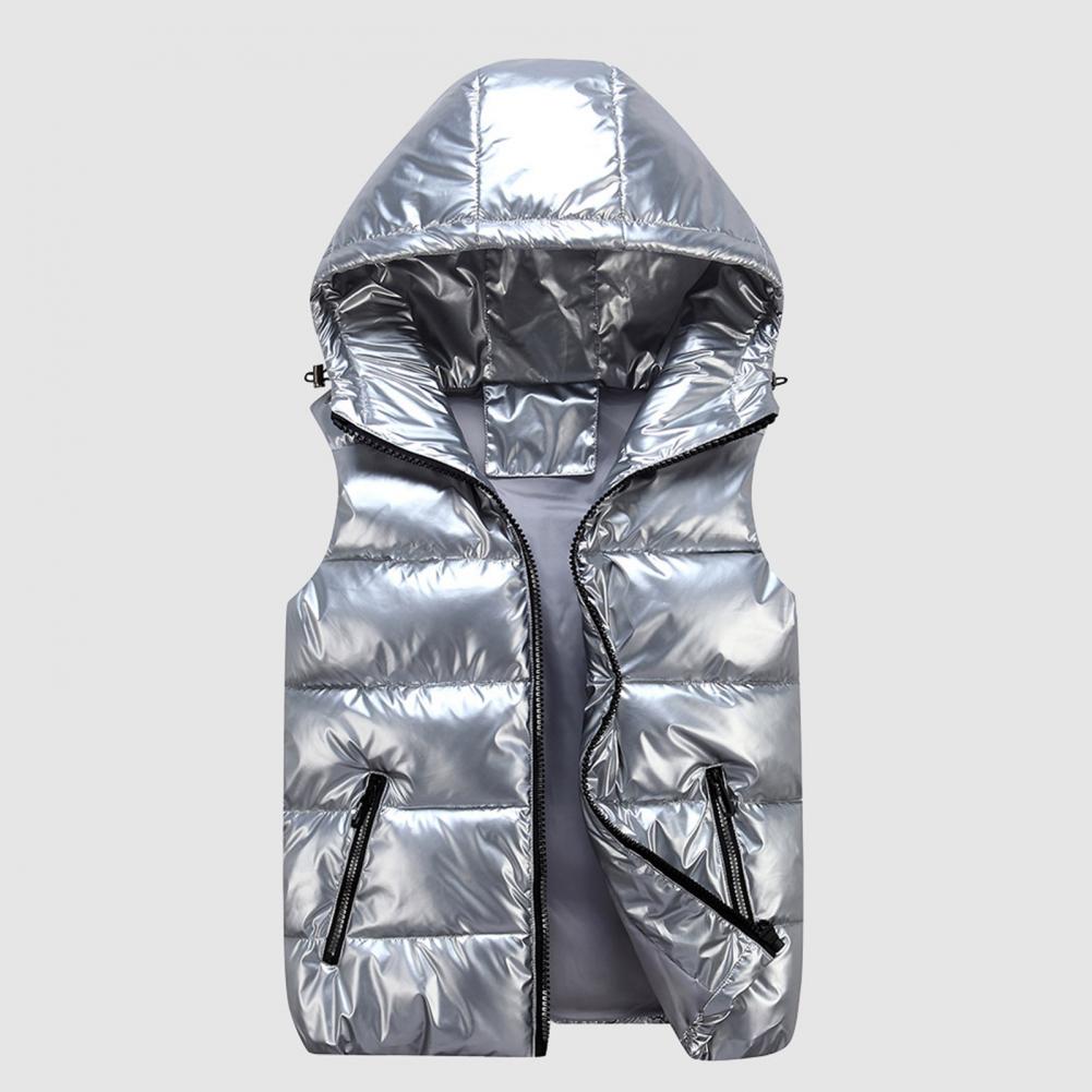 Women's Winter Vest Solid Color Hoodie Warm Stretch Hem Pocket Bright Color Quilted Tank Top Vest New Style For Daily Wear