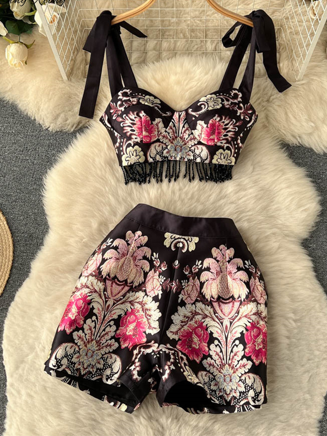 Spring and summer new women's retro court style printing suit women's strappy fringed suspender top +  waist wide-leg shorts two-piece set 7.29