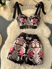 Spring and summer new women's retro court style printing suit women's strappy fringed suspender top +  waist wide-leg shorts two-piece set 7.29