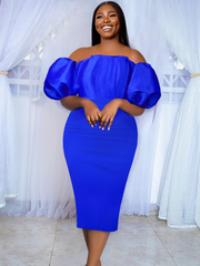 AOMEI Women Party Dress Blue Off Shoulder Short Puff Sleeve High Waist Sexy Bodycon Midi Length Evening Cocktail Event Gowns New