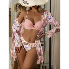 Three-piece swimsuit green leaf print new bikini