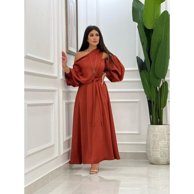 Elegant Diamond Red Orange Satin Nipped Waist A  Dress