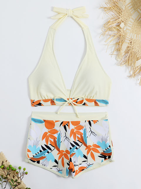2023 Halter Bikini Set Short Swimsuit Women High Waist Swimwear Female Printed Bathers Swimming Bathing Swim Suit Beachwear