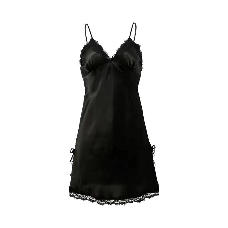 Women's Spaghetti Strap Pajamas Summer New Pajamas Sexy Lace Mini Halter Skirt Pajamas  Silk Satin Home Dress 10-21