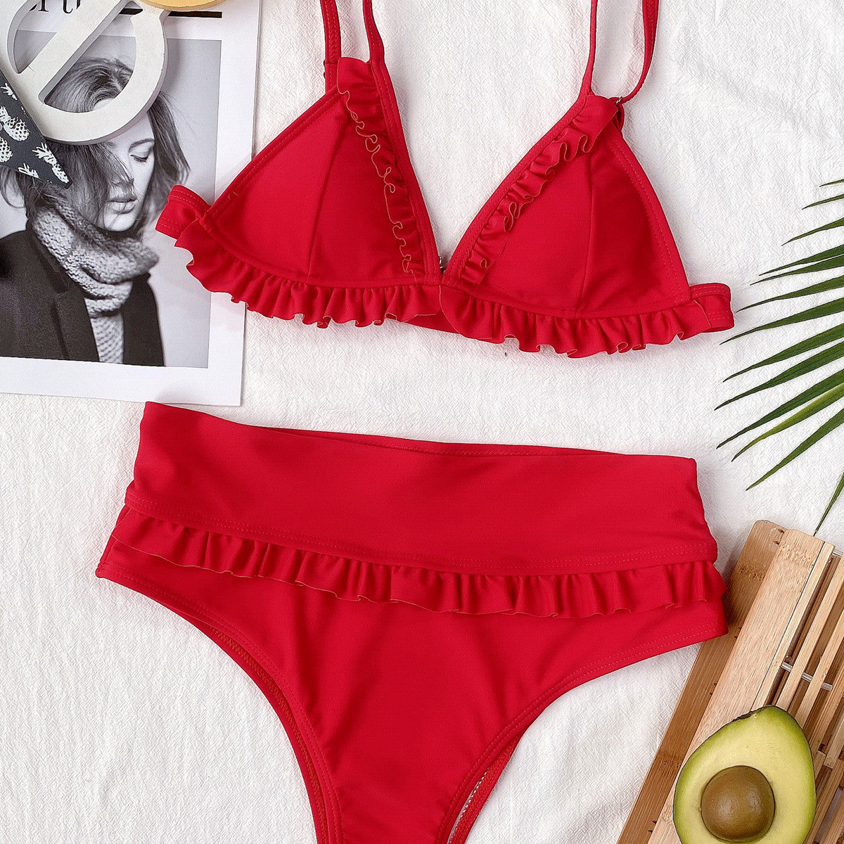 swimsuit ladies split swimsuit sexy ruffled solid color high waist bikini