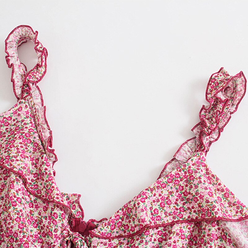 الأزهار المطبوعة بوهو نمط المرأة فستان قصير الخامس الرقبة السباغيتي حزام كشكش فستان الصيف عادية أكمام فساتين عارية الذراعين 