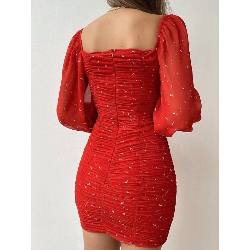 New Mini Dress Slim Fits French Style Bodycon Dress Women Square Collar Puff Sleeve Pleated Dress Tight Chiffon