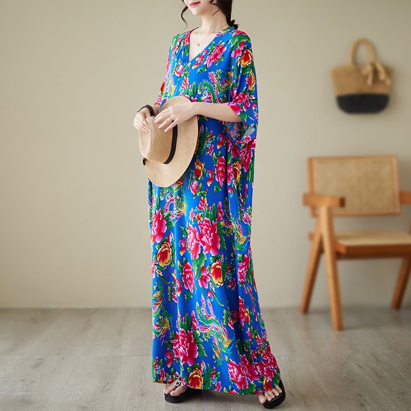 Women's summer V-neck cotton silk large size loose literary holiday style beach dress retro meat-covering long robe