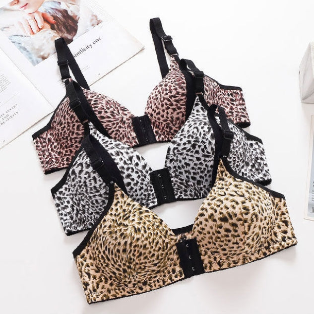 Front buckle leopard print large size thin section bra without rims push-up underwear 36-42BC