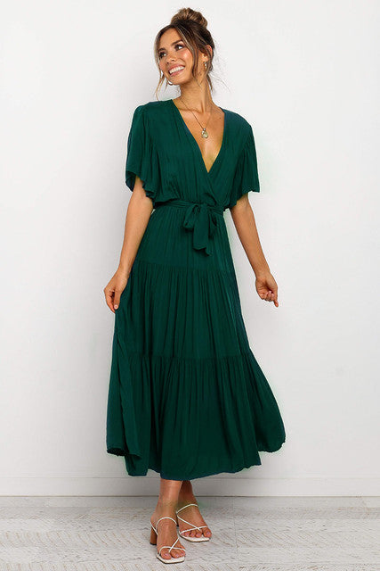 فستان طويل للشاطئ مكشكش للنساء فستان ماكسي بوهو صيفي مطبوع عليه زهور مع حزام وحزام للنساء فستان حفلات بأكمام قصيرة على شكل فراشة على شكل حرف a