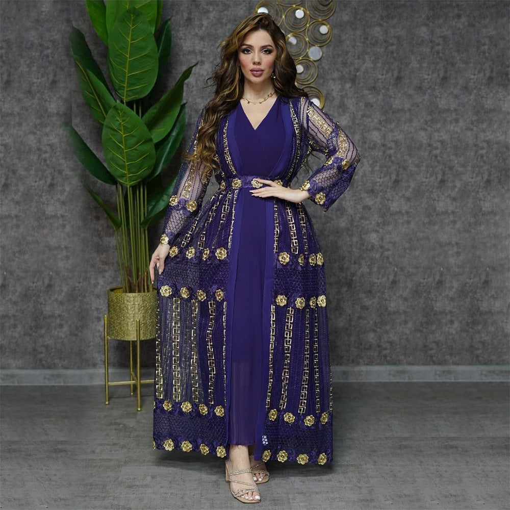 New Summer Middle East Embroidered Mesh Coat and Chiffon Sundress Dress Suit Arab Ladies Kaftan Dress Two-piece Set