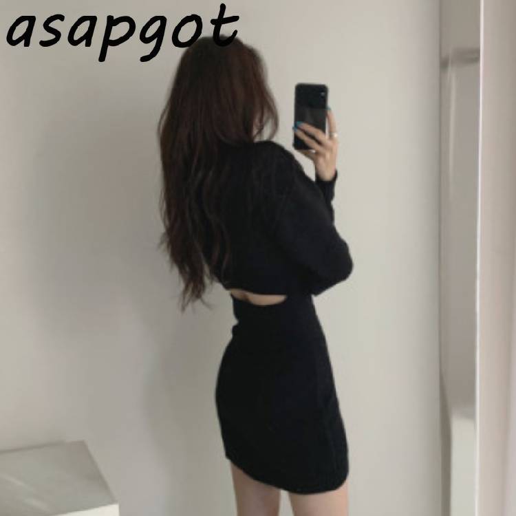 Korean Ins Autumn Winter Temperament Round Neck Sweater Dress Bodycon Open Back Slim Wrap Hip Knitted Dress Women Chic Thick