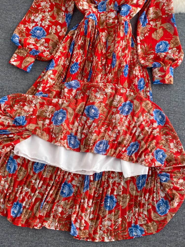 فستان بوهو نسائي عتيق للربيع والخريف بأكمام طويلة مزين بفيونكة فستان نسائي أنيق بطبعة زهور رداء بدون أكمام 