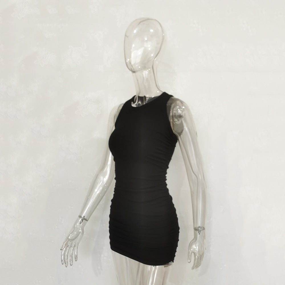 Sleeveless O Neck Pleated Bodycon Dress For Women Solid Sexy Fashion Lace-UP Midi Dress Spring Summer