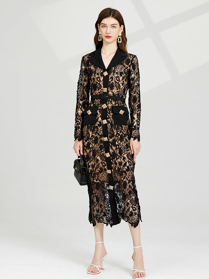 591  shot  end temperament suit lapel water-soluble lace waist dress  fitting metal buckle  skirt