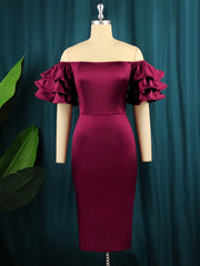 Vintage Women Burgundy Party Dress Bare Shoulder Flare Sleeves Bodycon Knee Length Dress Elegant Ladies Cocktail Evening Gowns