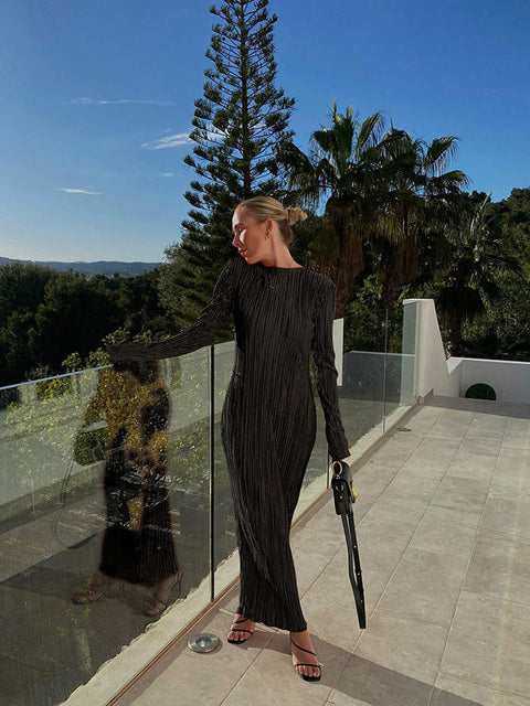 Autumn Winter Women's Solid Color Maxi Pleated Dress Elegant Long Sleeves Slim Bodycon Club Women's Pencil Skirt