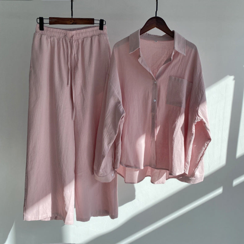 European and American cotton linen shirt high waist loose trousers suit