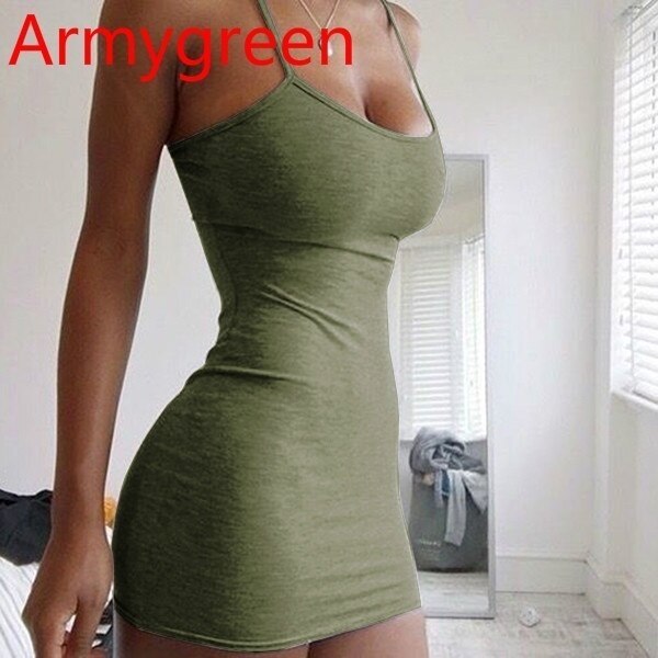 Spaghetti Strap Camisole Mini Dress Women Bodycon Vestidos Summer Sexy Low Cut Sleeveless Solid Color Party Club Dress