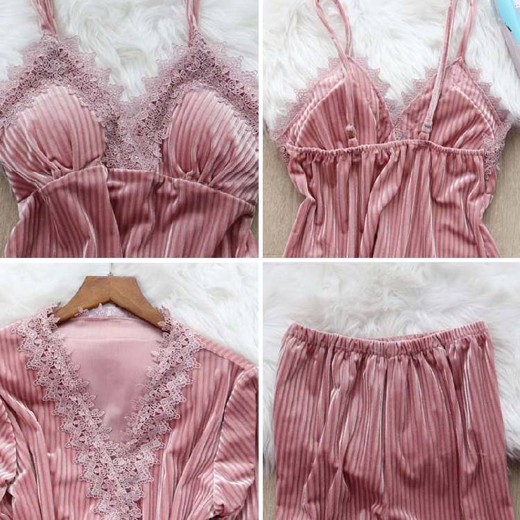 Queenral 3pcs Gold Velvet Pajamas Set For Women Warm Pyjama Lace Pajamas Winter Sleepwear Nightdress Homewear Pijamas