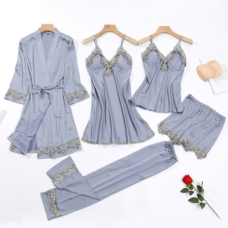 Five-piece pajamas women's summer thin ice silk suspender nightdress nightgown set