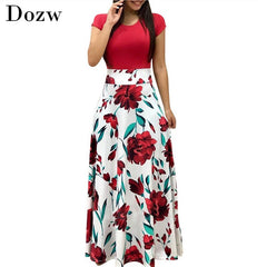 Floral Print Summer Boho Dress Women Casual Short Sleeve Patchwork Dress Ladies Elegant Party Dress Long Maxi Dresses Vestidos