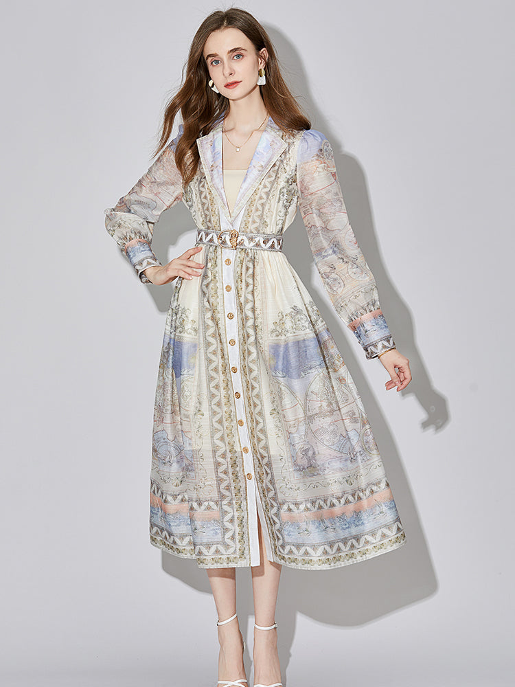 639  shot new  end silk linen long-sleeved printed court style dress with belt