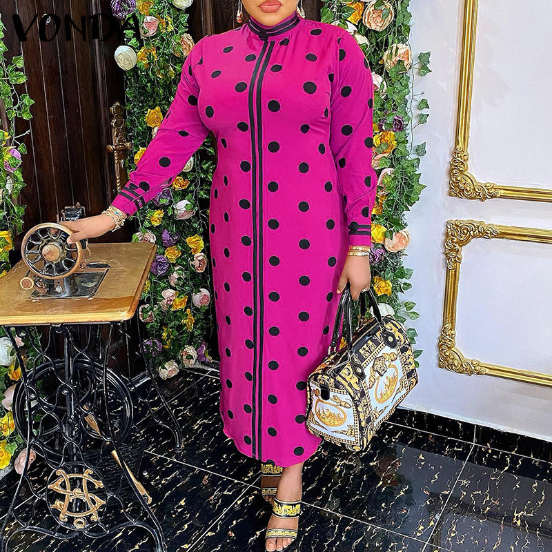 فساتين VONDA Women Boho Vintage Wave Point المطبوعة بطول الكاحل Sping الخريف غير رسمية فضفاضة وياقة واقفة وأكمام طويلة