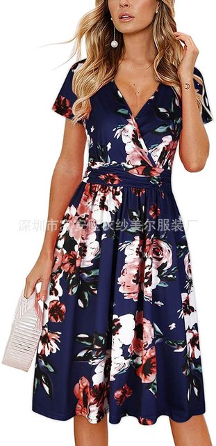 Women's Flower Print Boho Party Dress Summer V Neck Short Sleeve Mini Tank Top