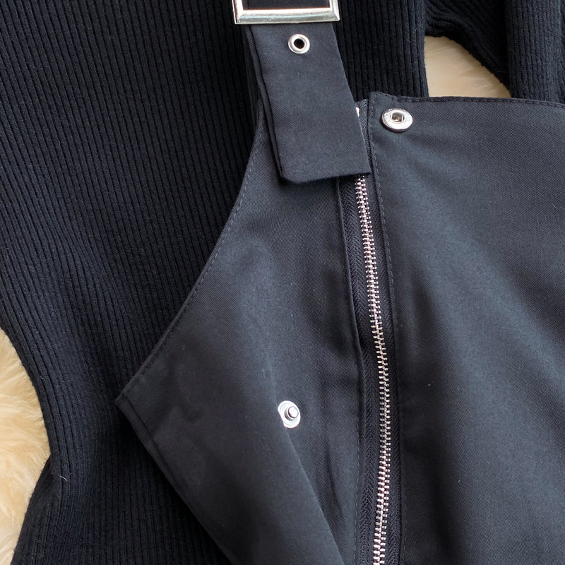 Autumn black stand-up collar tight  bottoming shirt two-piece suit  waisted splicing  fringe suspender dress