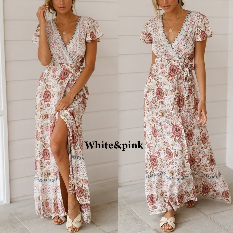 Women's Summer Flower Dress Short Sleeve Boho Maxi Dress Printed Flower Dress Maxi Beach Dress