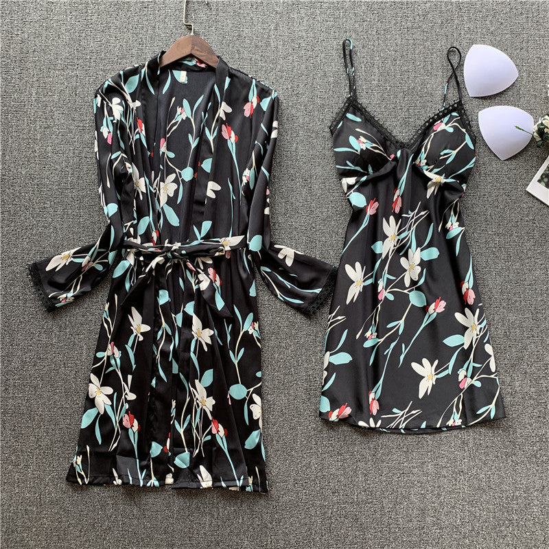 طقم بيجاما ساتان مكون من قطعتين فستان نوم وثوب نوم مثير بيجامة زهري ملابس نوم للنساء ملابس صالة ملابس نوم ملابس نوم مع وسادة صدر