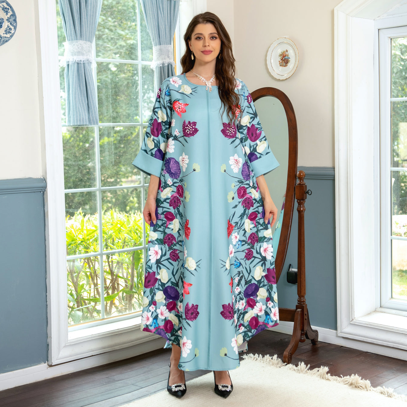 Middle East Arab Dubai Flower Beading Hot Diamond Muslim Robe Fashion Light  Jalabiya Arabian Ladies Dress