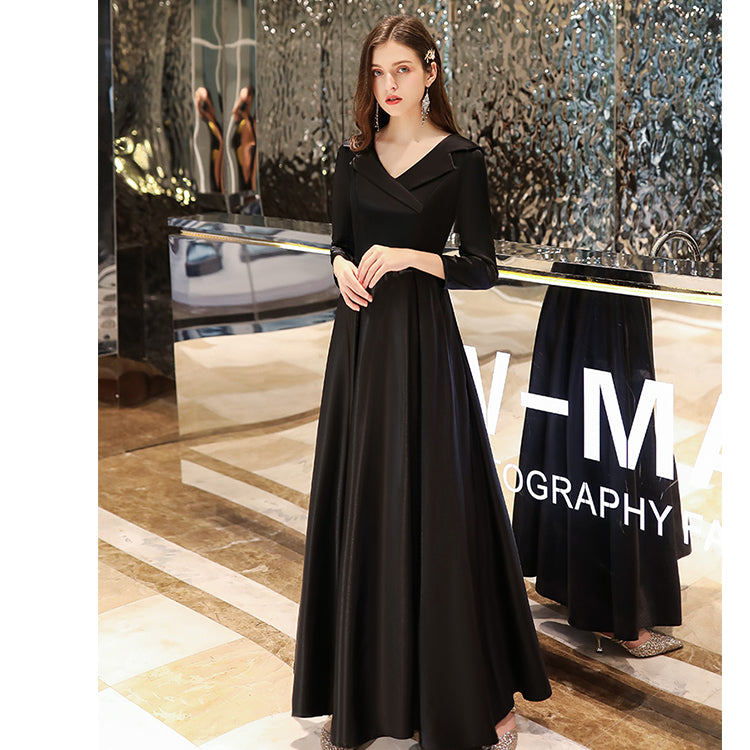 Ladies V-neck Satin Fashion Party Dress Long Banquet Evening Dress Holiday Birthday Dress