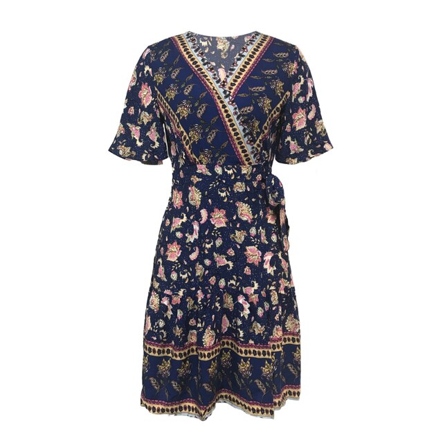 فستان صيفي بوهو قصير مطبوع عليه زهور للنساء بياقة على شكل V مع حزام فساتين نسائية قصيرة الأكمام للشاطئ فستان الشمس فيستدو 