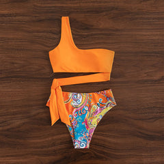 New Brazil Printed One Shoulder Tube Top Bikini Suit  High Waist Thong Swimsuit Women's