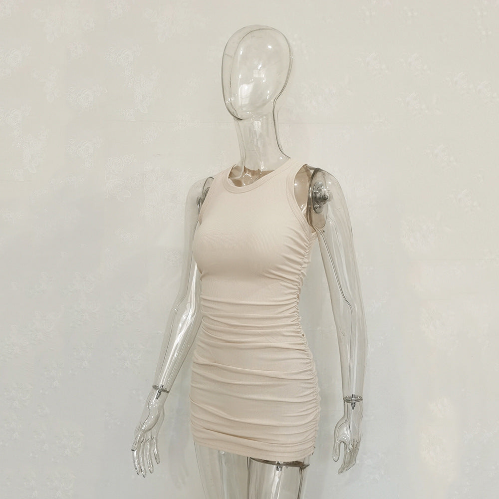 Sleeveless O Neck Pleated Bodycon Dress For Women Solid Sexy Fashion Lace-UP Midi Dress Spring Summer