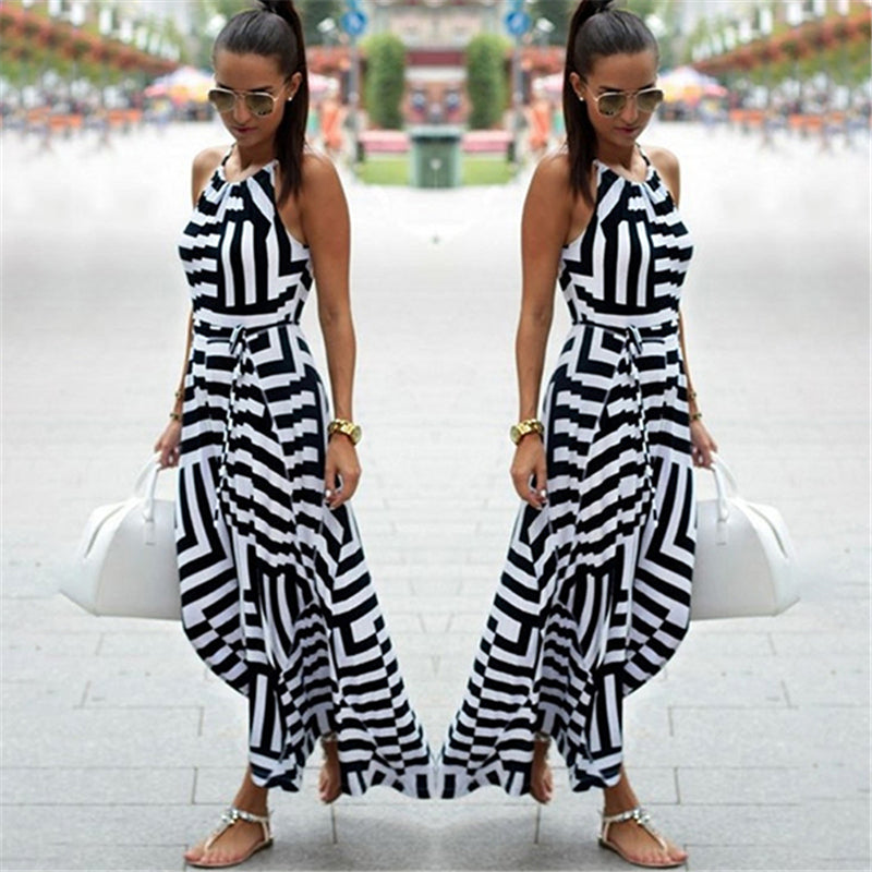 Summer Maxi Long Dress New Fashion Women Boho Striped Sleeveless Beach Style Strap Sundress Vestidos For Female